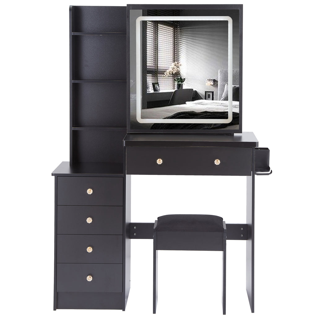 37' Middle Size Left Bedside Cabinet Vanity Table + Cushioned Stool Dresser Set, 2 AC+2 USB Socket, Hair Dryer Stand, Large Touch Control LED Sliding Mirror, 3-color Switch, EPA, GCC, UL Certificate - Grand Goldman Shop