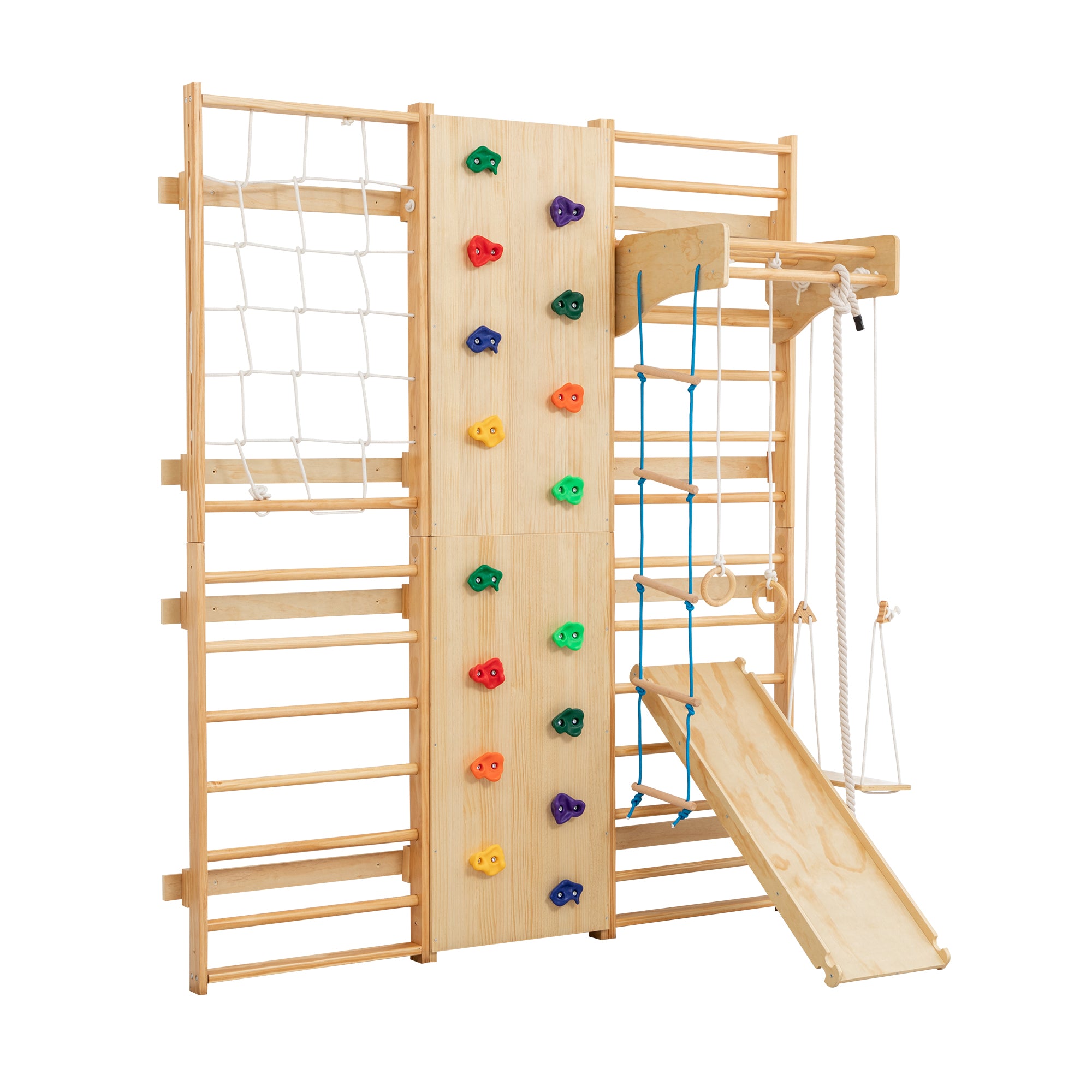 All-in-One 10-in-1 Indoor Climbing Set - Featuring a Rock Climbing Wall, Wooden Swings, Gymnastic Rings, Rope Ladders, and St