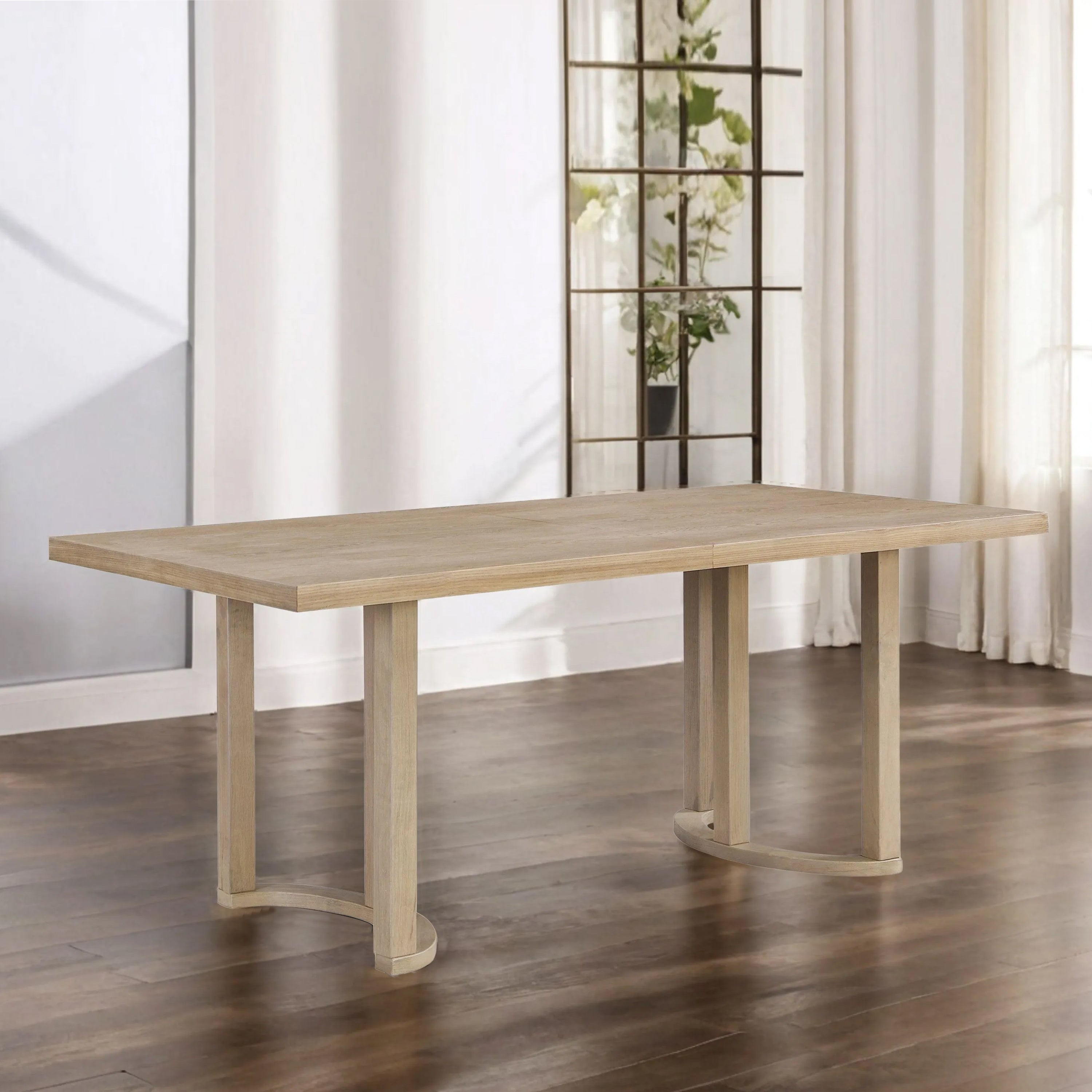 Contemporary 69 Inches Dining Table with U-Shaped Trestle Base in Light Ash Solid Wood and MDF - Grand Goldman Shop