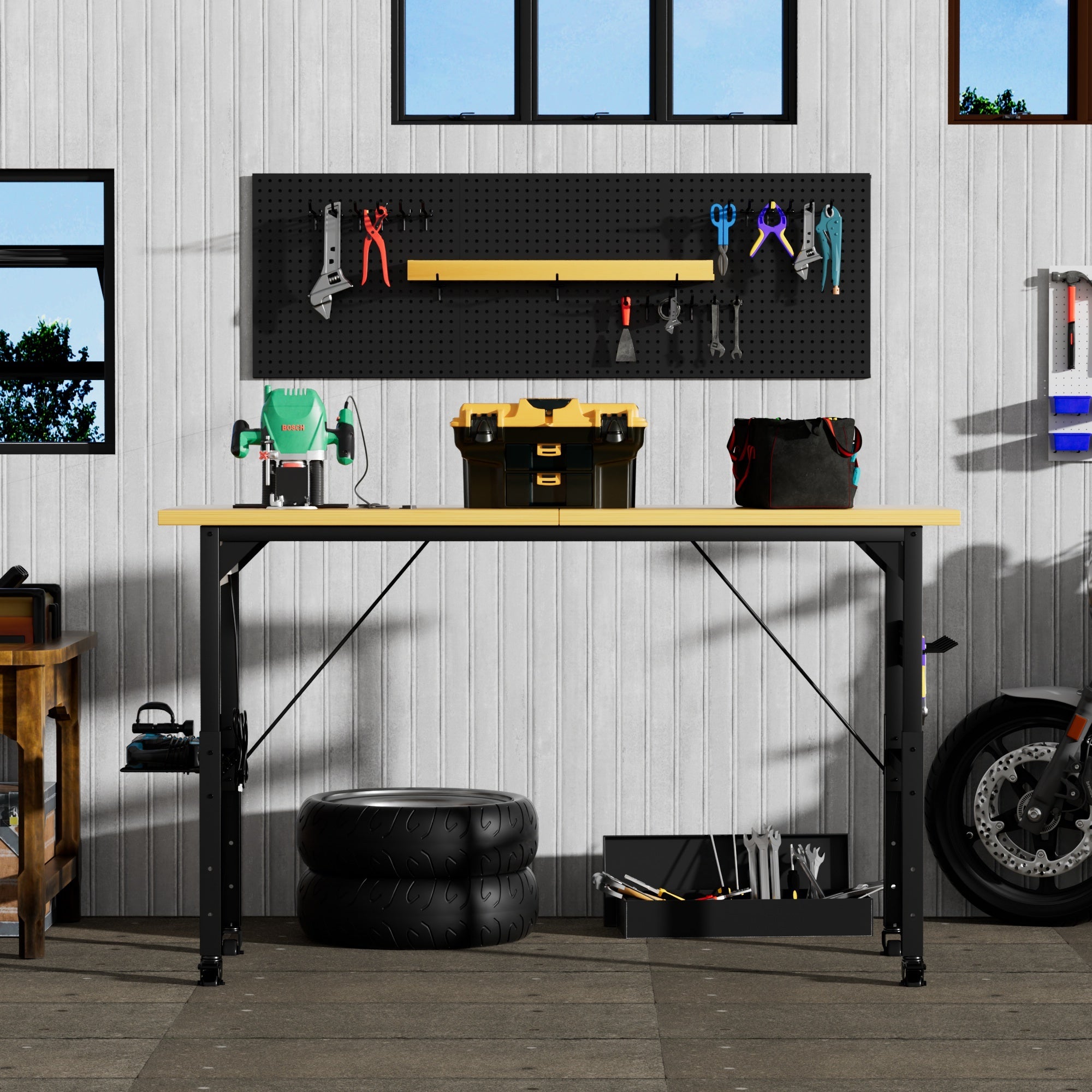 71''Adjustable Workbench with pegboard, Heavy Duty Wooden Desktop Workbench with Wheels, 1600 lb. Load Capacity, Rolling Work