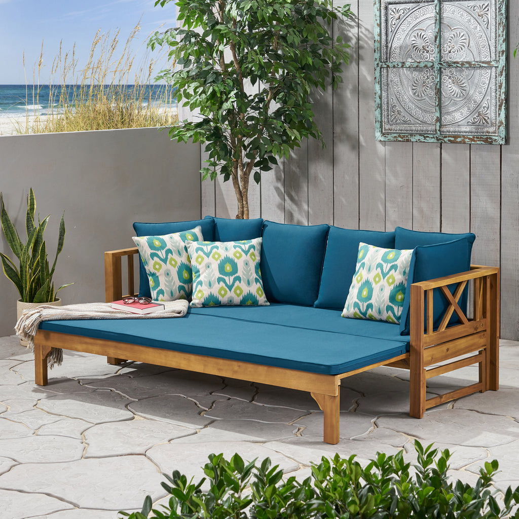 Outdoor Daybed with X-Shaped Panel Backrest and Armrests, Teak - Grand Goldman Shop