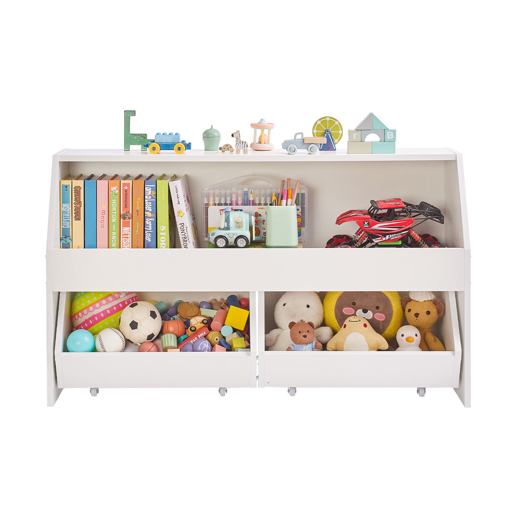 Toy Storage Organizer, Wooden Kids Bookshelf with Storage, Toy Storage Cabinet with 2 Mobile Drawers, Kids Storage Organizer 