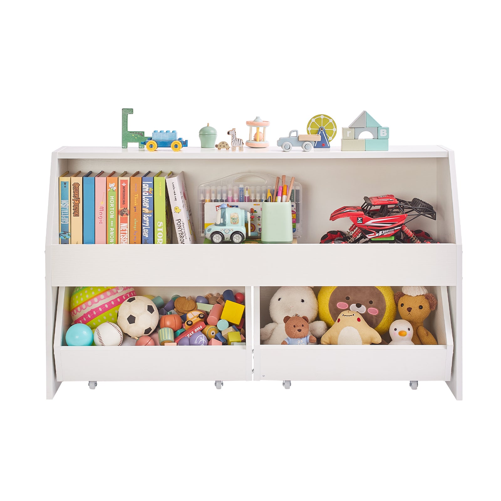 Toy Storage Organizer, Wooden Kids Bookshelf with Storage, Toy Storage Cabinet with 2 Mobile Drawers, Kids Storage Organizer 