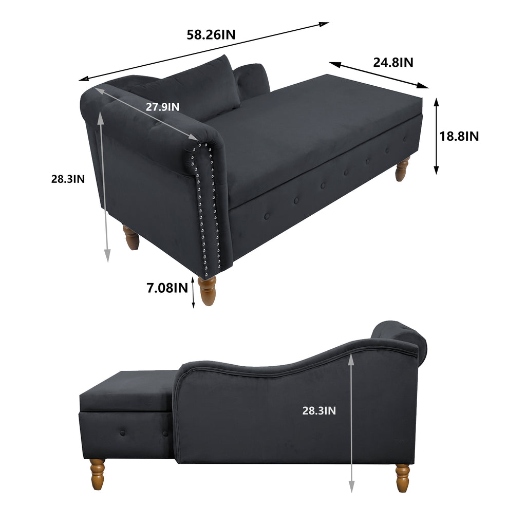 Black Chaise Lounge Indoor, Velvet Lounge Chair for Bedroom with Storage & Pillow, Modern Upholstered Rolled Arm Chase Lounge for Sleeping with Nailhead Trim for Living Room Bedroom Office - Grand Goldman Shop