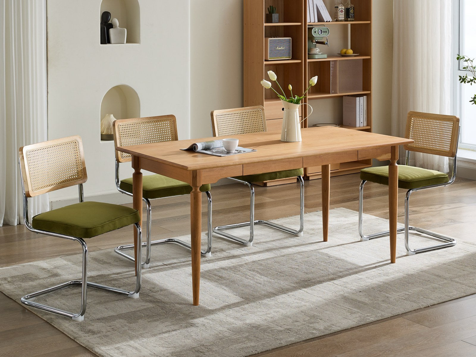 Mid Century Modern Dining Chairs Set of 2, Velvet Accent Chairs with Natural Cane Back & Stainless Chrome Base, Famous Breuer Designed Chairs, Upholstered Rattan Kitchen Chairs,Olive-Green - Grand Goldman Shop