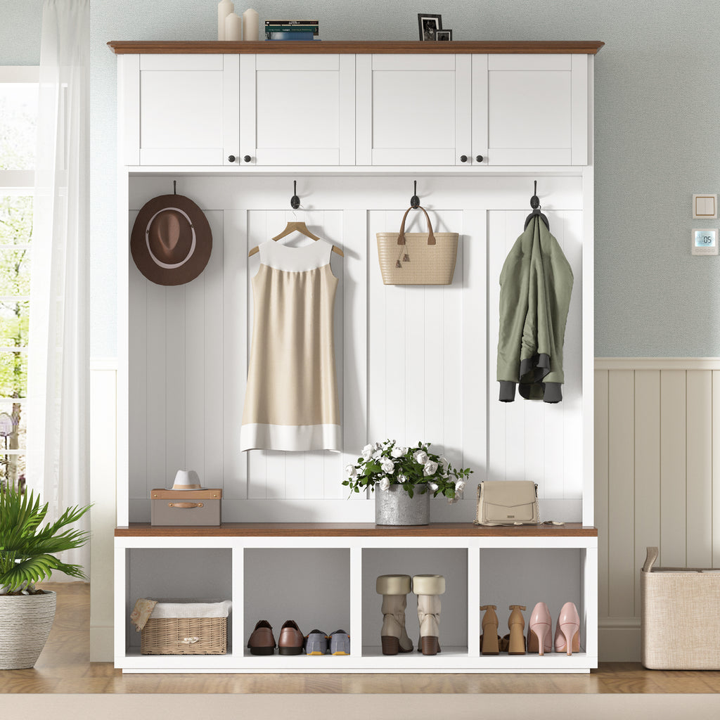 59''W Entryway Hall Tree with Bench and Storage, Farmhouse Wood-grain Accent 4-in-1 Hall Tree with Cabinets, Coat Racks and Hooks for Hallway, Entryway, living room and Mudroom - Grand Goldman Shop