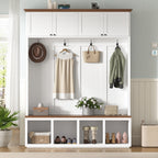 59''W Entryway Hall Tree with Bench and Storage, Farmhouse Wood-grain Accent 4-in-1 Hall Tree with Cabinets, Coat Racks and Hooks for Hallway, Entryway, living room and Mudroom - Grand Goldman Shop