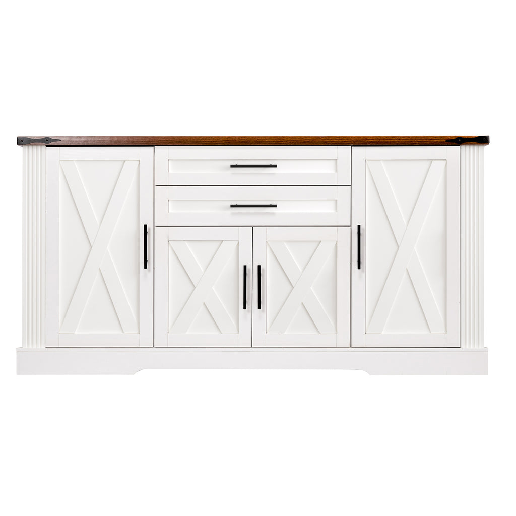 White Farmhouse Barn Door Storage Cabinet with 2 Drawers & Door Rack, Adjustable Shelves, MDF Construction, 63.11' L x 15.75' W x 32.09' H - Grand Goldman Shop