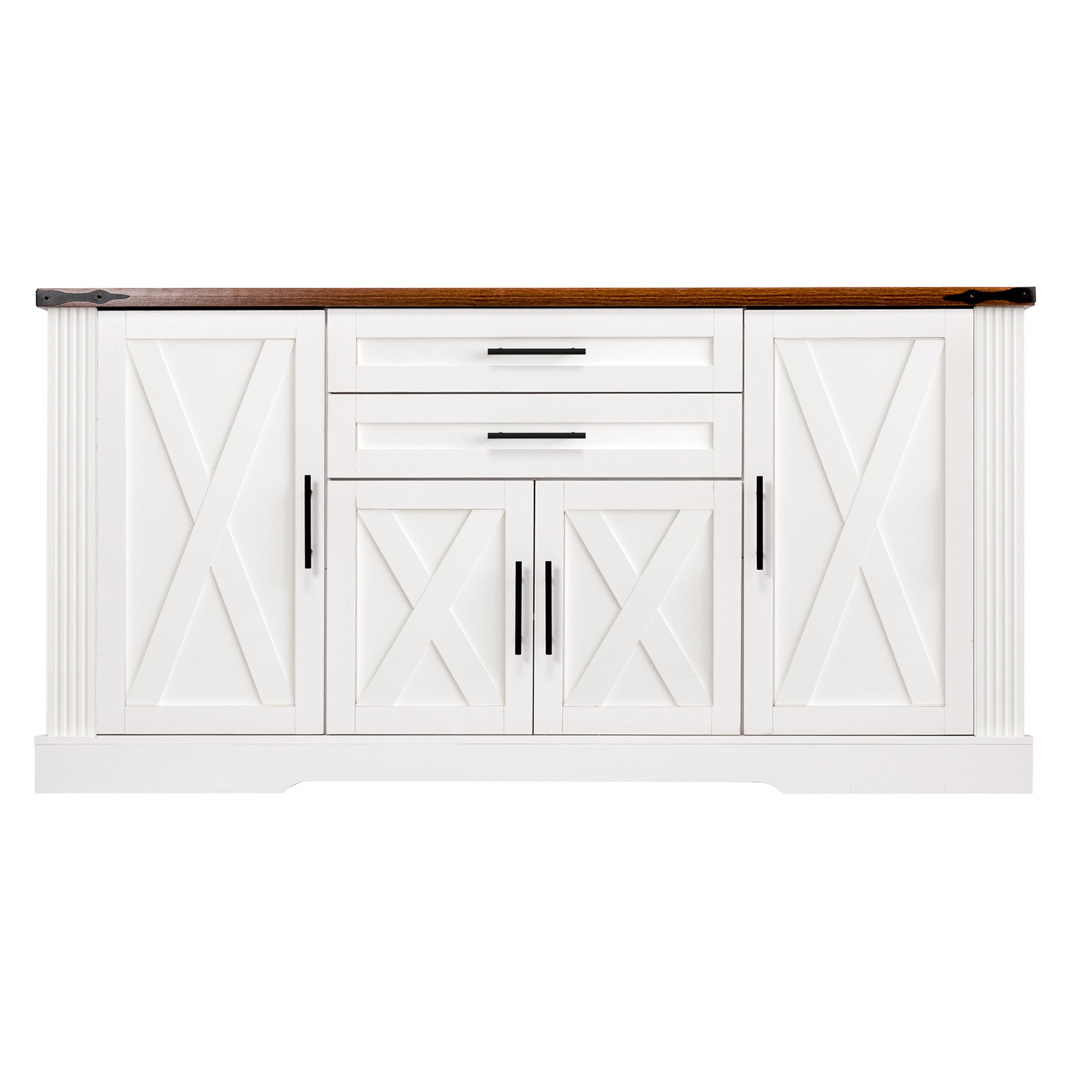White Farmhouse Barn Door Storage Cabinet with 2 Drawers & Door Rack, Adjustable Shelves, MDF Construction, 63.11' L x 15.75' W x 32.09' H - Grand Goldman Shop