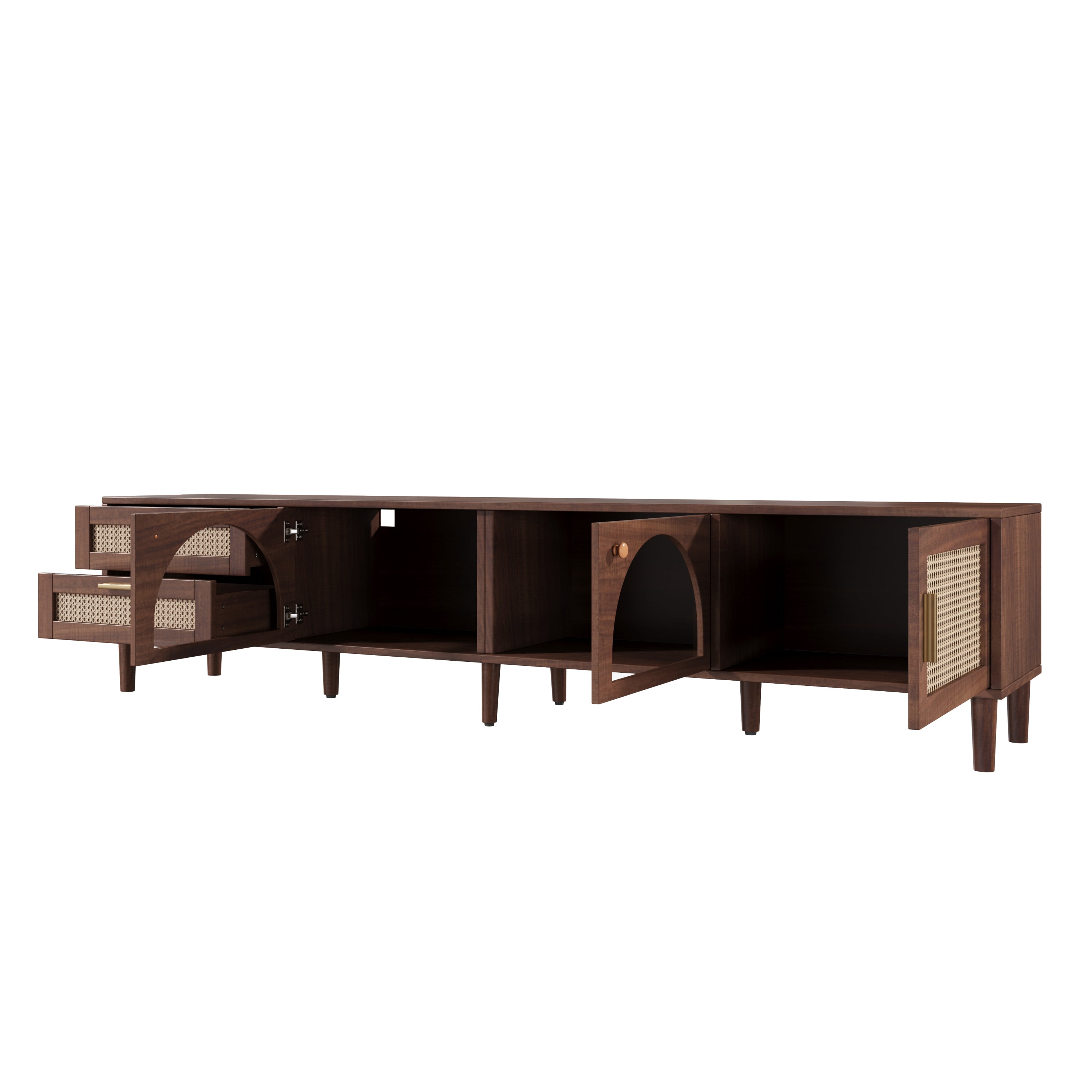 Modern 86 inch TV Stand for TVs up to 90 inches, Dark Brown Rattan Design with App-Controlled LED Lights, 2 Drawers & Glass Door Storage, MDF and Solid Wood Media Console - Grand Goldman Shop