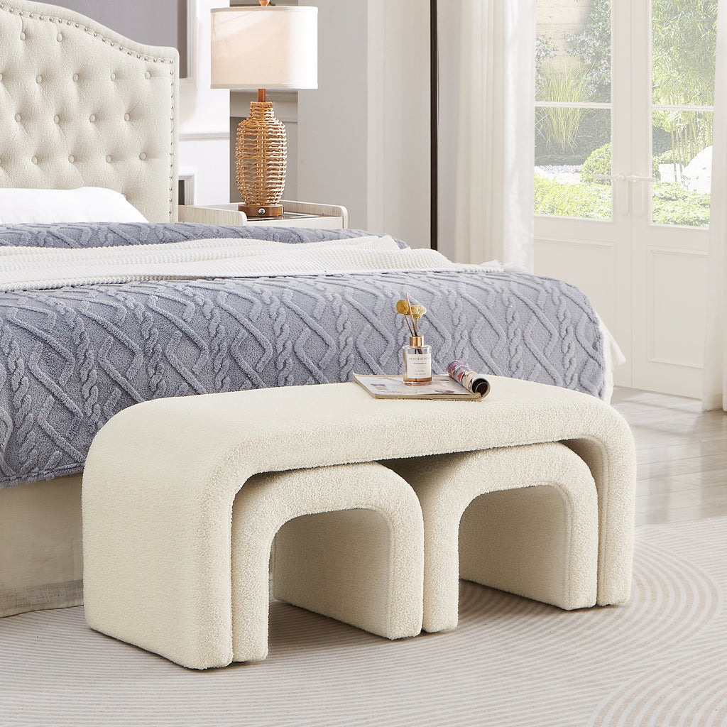 Set of 3 U-Shaped Modern Bench Teddy  Ottoman Bench for Entryway, Bedroom End of Bed, Set of 3 Small Sofa Footrest Extra Seating for Living Room, 44+18 Inch Bench Bench & Ottoman- Cream - Grand Goldman Shop