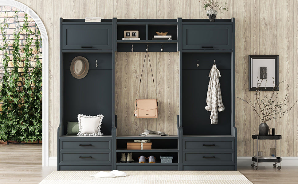 4-in-1 Detachable Hall Tree with Storage and 7 Hooks, Multiple Functions Hallway Coat Rack with Storage Drawers and Cabinet, Antique Blue Shoe Bench for Entryway Hallway - Grand Goldman Shop