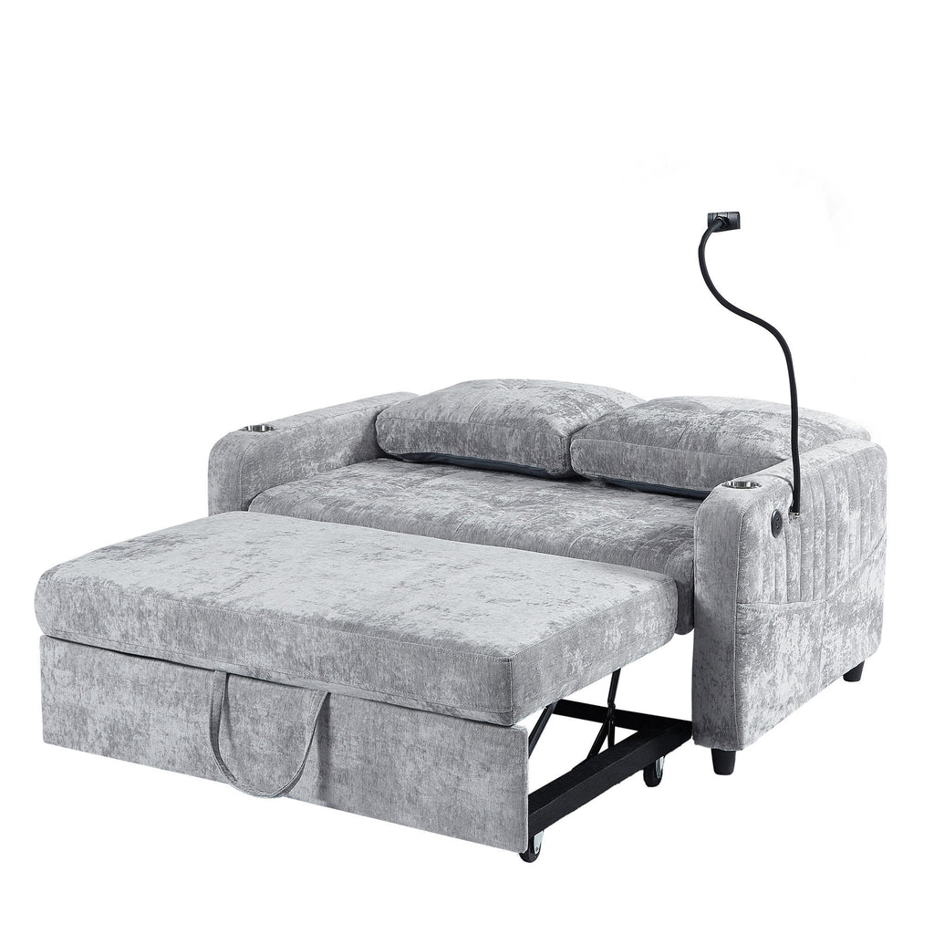 Modern Loveseat Pull-out Sofa Bed with Adjustable Backrest, Cup Holders, Phone Holder, Charging Ports, Side Storage Pockets, Grey Chenille - Grand Goldman Shop