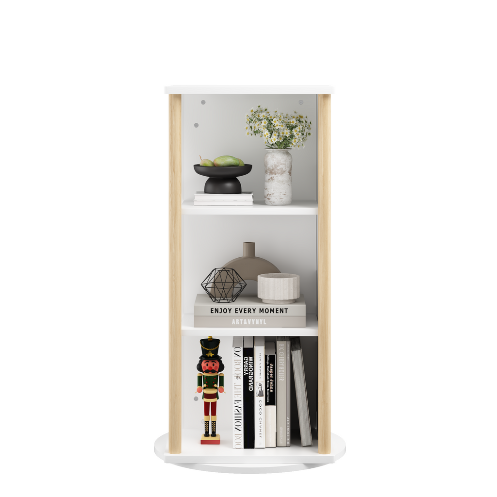 360° Rotating Kids Bookshelf with Chalkboard, 3-Tier Wood Floor Revolving Bookcase & Toy Storage Organizer, Picture Book Disp