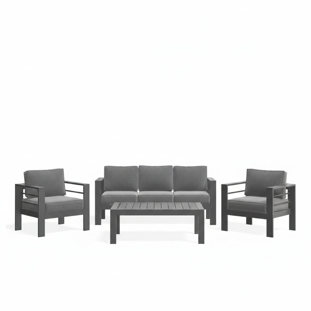 Modern All-Weather Metal Patio Furniture Set with 5-Inch Thick Gray Cushions, Gray Frame & Wood-Like Coffee Table