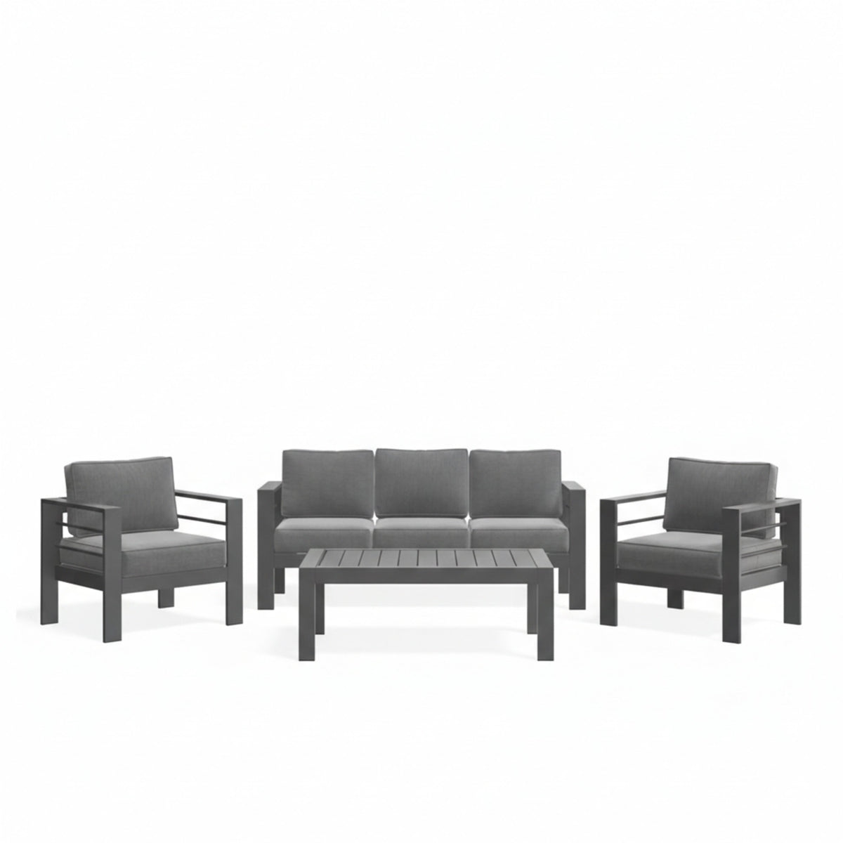 Modern All-Weather Metal Patio Furniture Set with 5-Inch Thick Gray Cushions, Gray Frame & Wood-Like Coffee Table