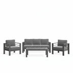 Modern All-Weather Metal Patio Furniture Set with 5-Inch Thick Gray Cushions, Gray Frame & Wood-Like Coffee Table