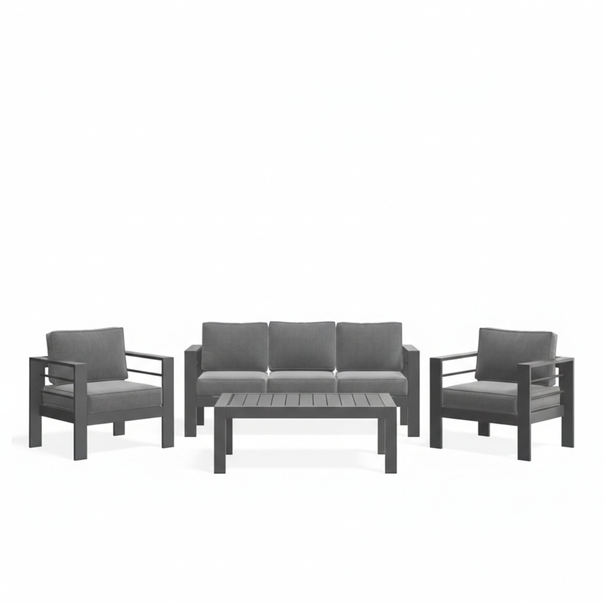 Modern All-Weather Metal Patio Furniture Set with 5-Inch Thick Gray Cushions, Gray Frame & Wood-Like Coffee Table