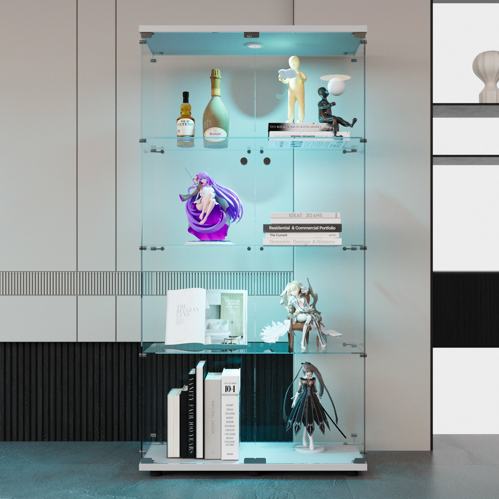 Two-door LED lights  Glass Display Cabinet 4 Shelves with Door, Floor Standing Curio Bookshelf for Living Room Bedroom Office