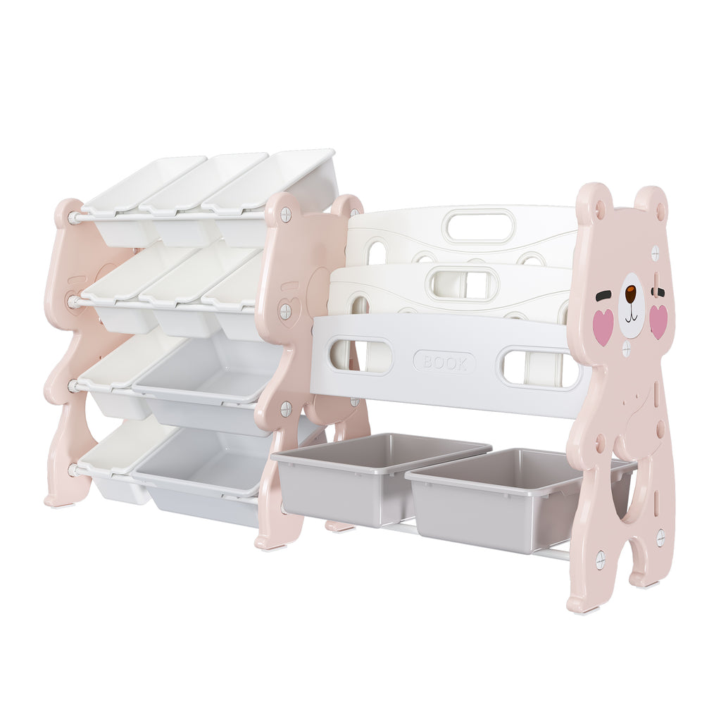 Kids Toy Storage Organizer with 2 Tier Bookshelf and 12 Toy Bins, Pink Polyethylene - Grand Goldman Shop