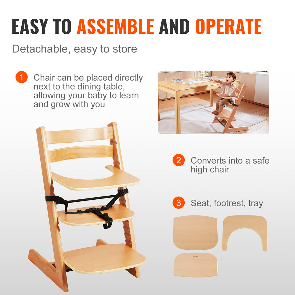 Wooden High Chair for Babies & Toddlers, Convertible Adjustable Feeding Chair, Eat & Grow High Chair with Tray, Grow with Kid