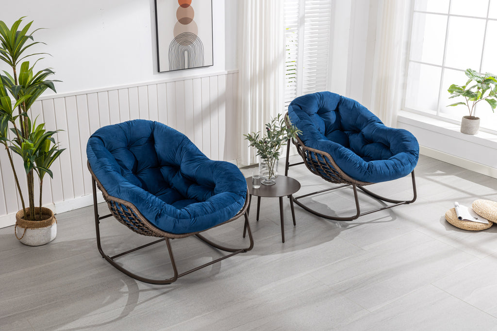 Outdoor Rattan Rocking Chair,Padded Cushion Rocker Recliner Chair Outdoor for Front Porch, Living Room, Patio, Garden, Navy Blue - Grand Goldman Shop