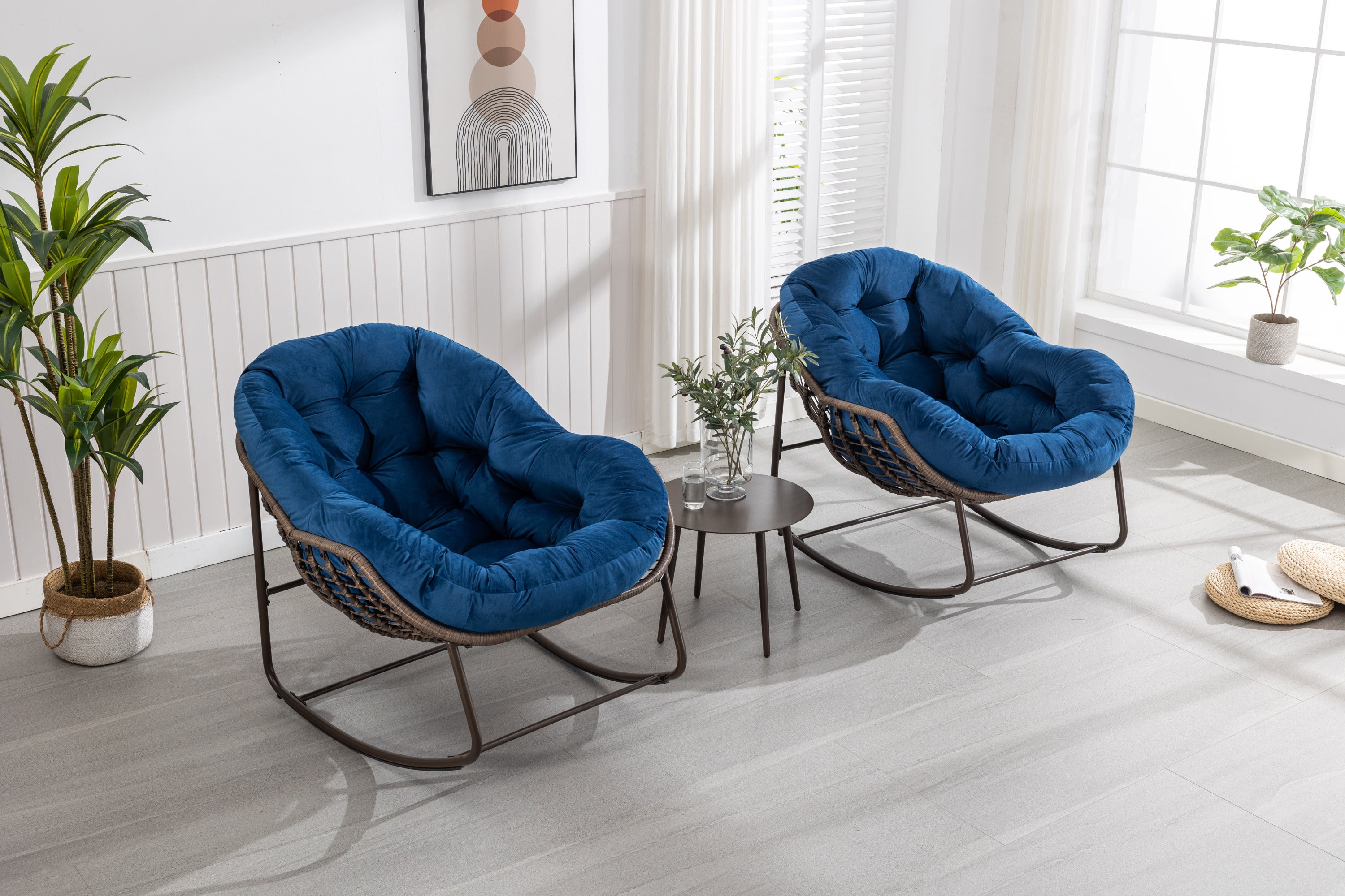 Outdoor Rattan Rocking Chair,Padded Cushion Rocker Recliner Chair Outdoor for Front Porch, Living Room, Patio, Garden, Navy Blue - Grand Goldman Shop