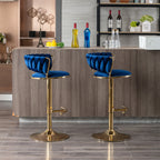 Set of 2  Bar Stools,with Chrome Footrest and Base Swivel Height Adjustable Mechanical Lifting Velvet + Golden Leg Simple Bar Stool-BLUE - Grand Goldman Shop