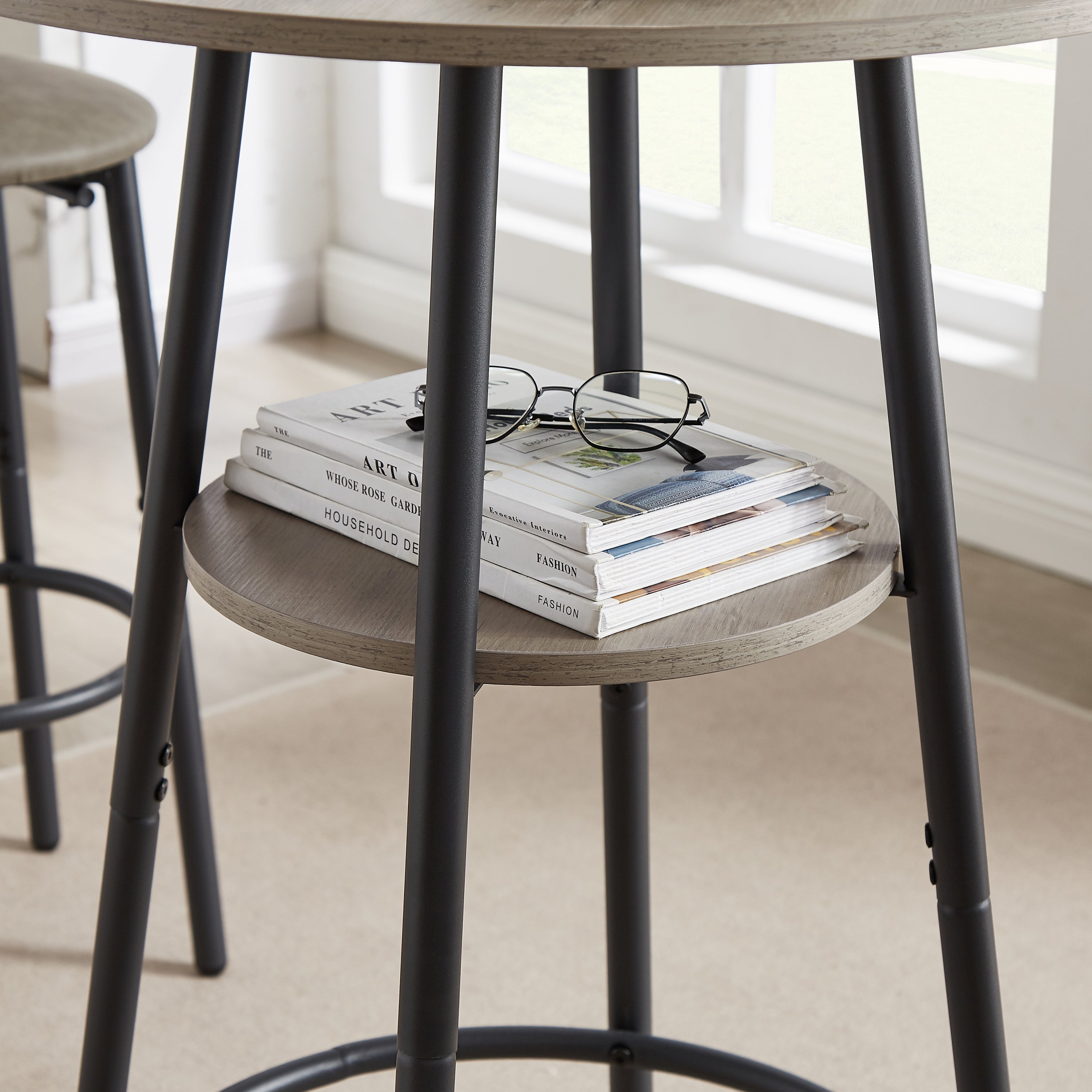 Round bar stool set with shelf, upholstered stool with backrest Grey, 23.62'' W x 23.62'' D x 35.43'' H. - Grand Goldman Shop
