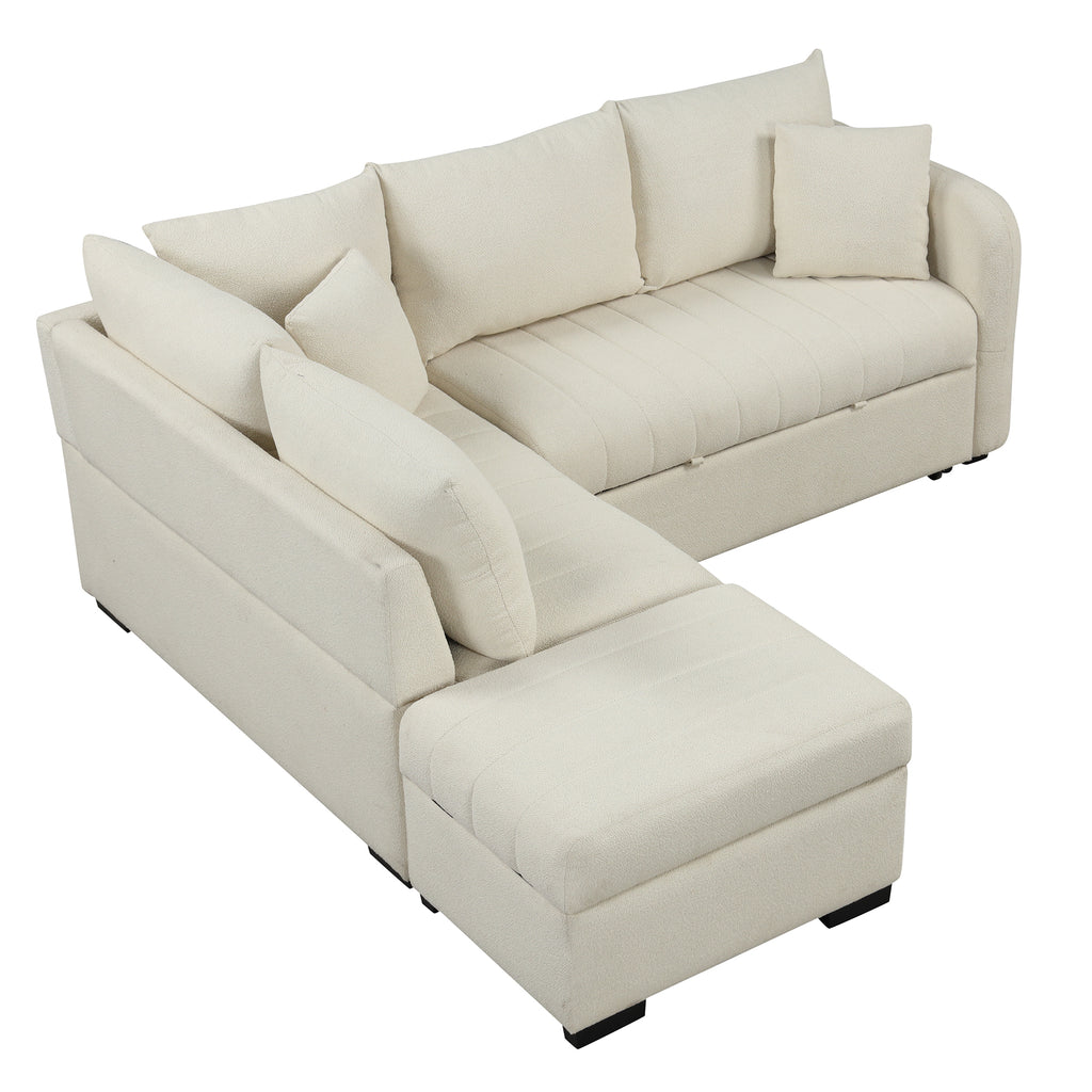 Modern L-shaped Sectional Pull Out Sofa Bed with USB Ports and Storage Ottoman, Beige, Jacquard Fabric, 82.6' - Grand Goldman Shop
