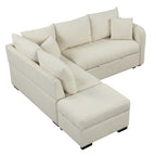 Modern L-shaped Sectional Pull Out Sofa Bed with USB Ports and Storage Ottoman, Beige, Jacquard Fabric, 82.6' - Grand Goldman Shop