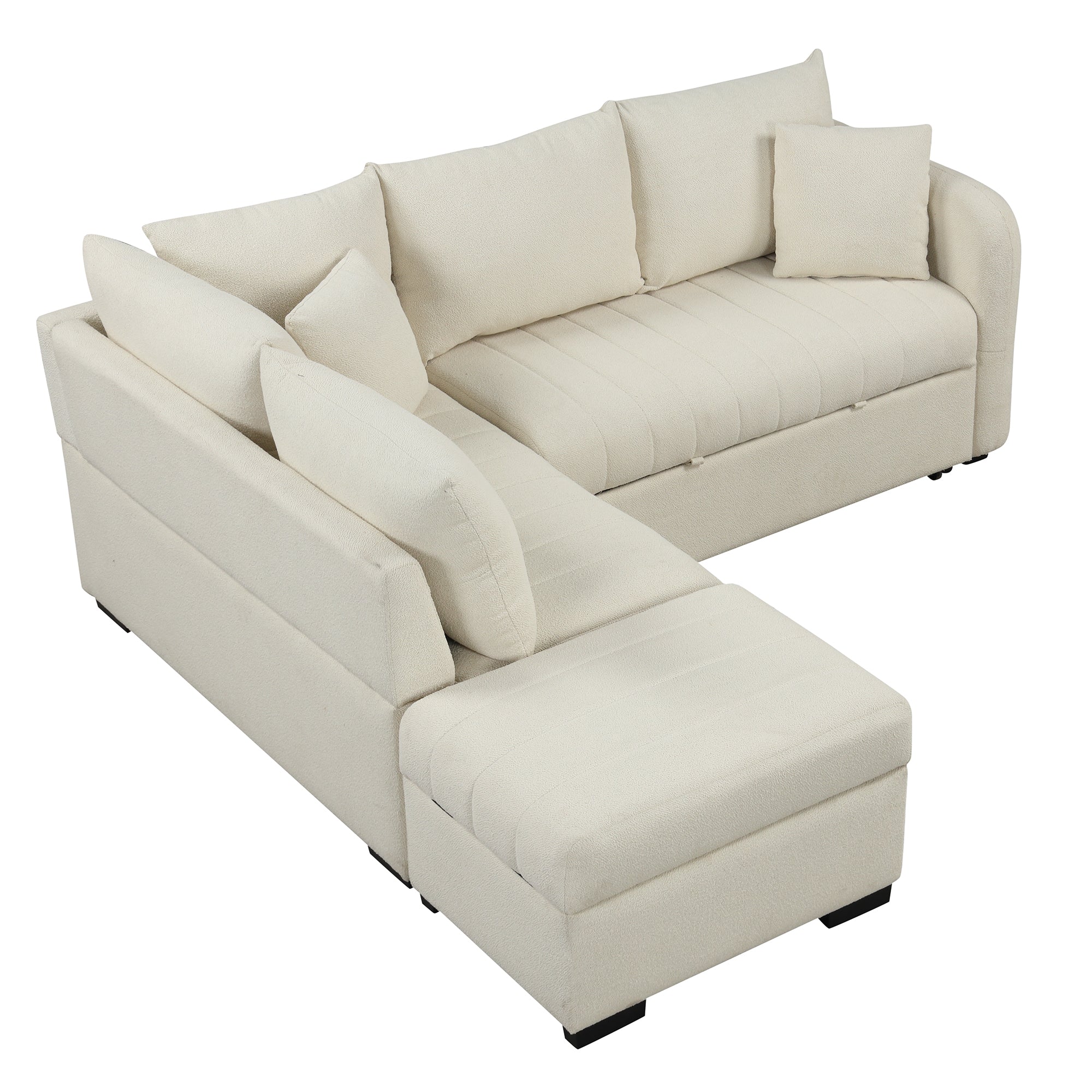 Modern L-shaped Sectional Pull Out Sofa Bed with USB Ports and Storage Ottoman, Beige, Jacquard Fabric, 82.6' - Grand Goldman Shop