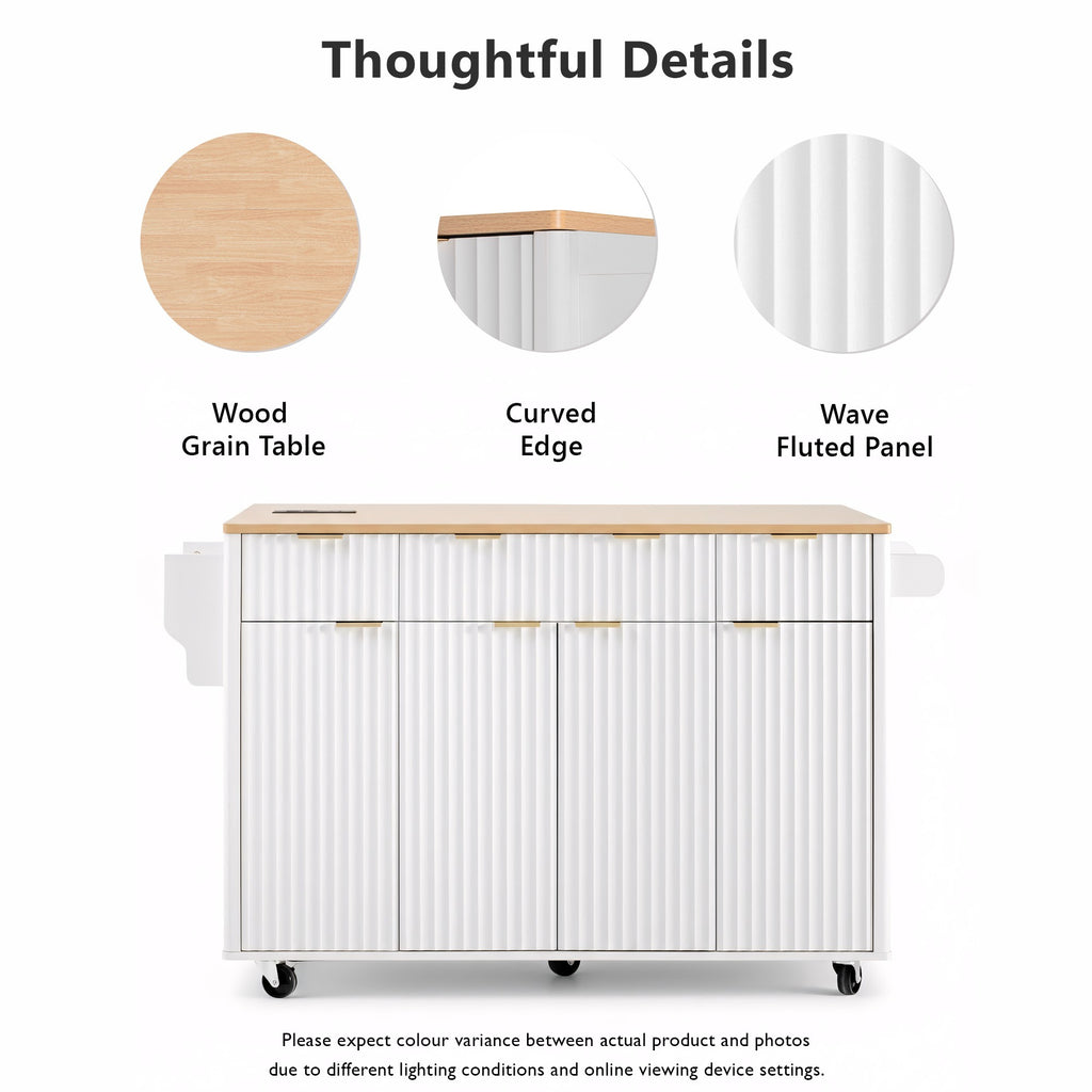 K&K Fluted Kitchen Island with Storage, 55.5' Kitchen Island with Drop Leaf, Power Outlet, 4 Doors and 3 Drawers, Rolling Island Table with Wood-grain Top, Curved Edge for Kitchen,Dining Room White - Grand Goldman Shop