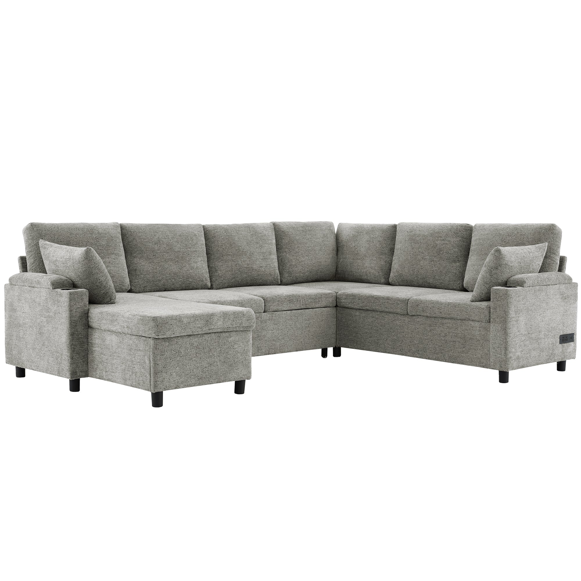 Versatile Light Grey Chenille Sectional Sofa Bed with Storage, Cup Holders & Charging Ports, 109.9' - Grand Goldman Shop