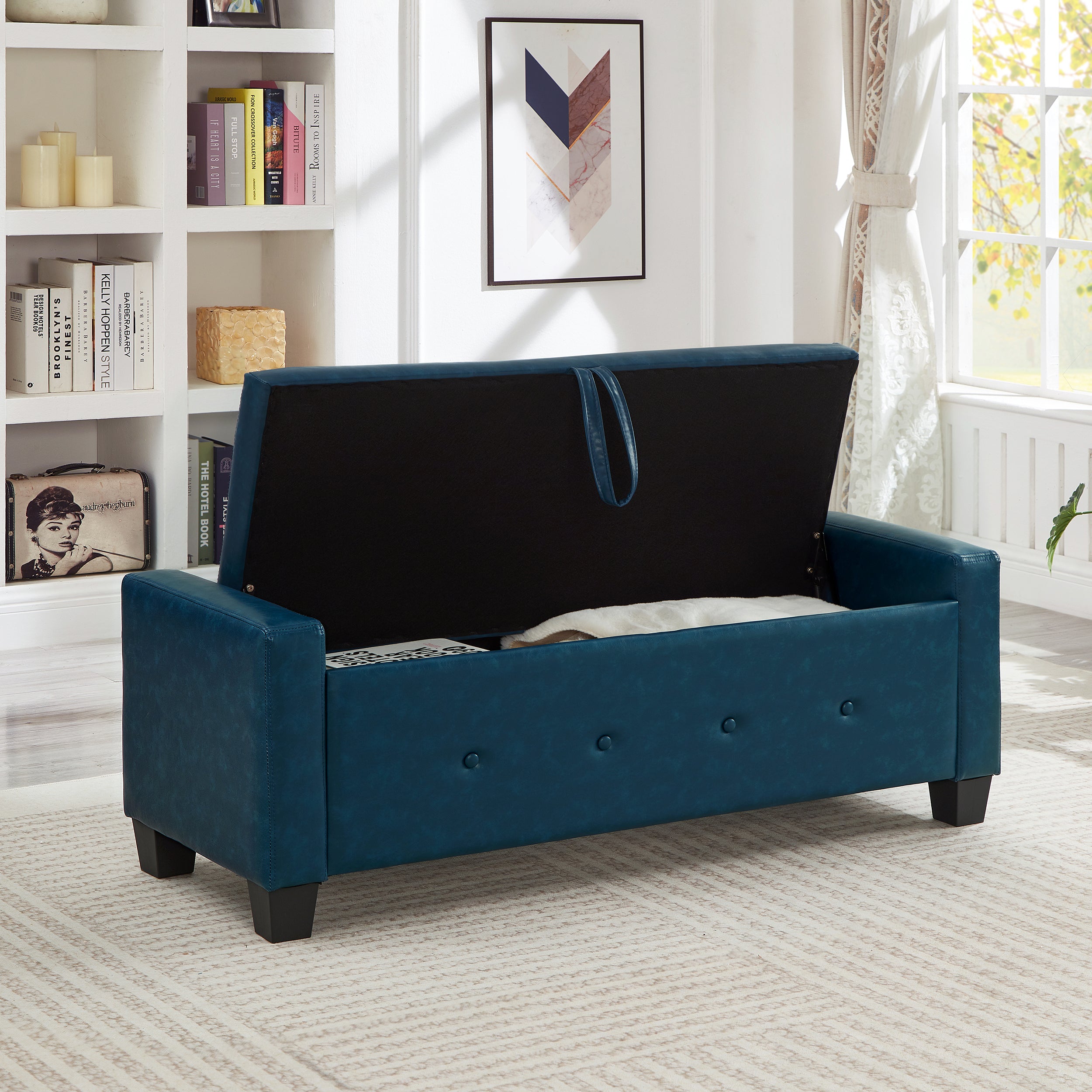 48' Ottoman Bench with Storage, Bench for Bedroom,Living Room,Hallway, Upholstered Tufted Faux Leather PU Ottoman Blue - Grand Goldman Shop