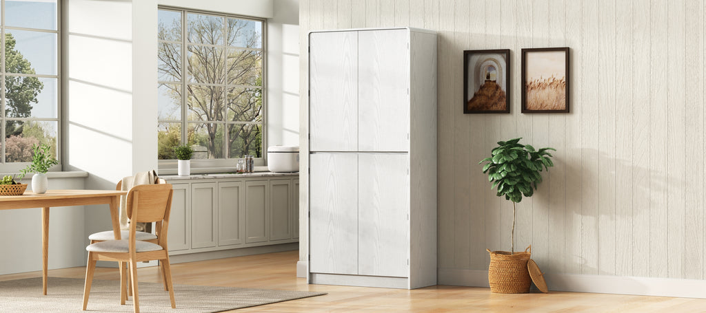 K&K 72' Tall Farmhouse Kitchen Pantry Cabinet with 8 Door Shelves, Curved Design Storage Cabinet with 3 Adjustable Shelves, Hidden Drawer, Versatile Cupboard for Kitchen, Dining & Bathroom, White - Grand Goldman Shop