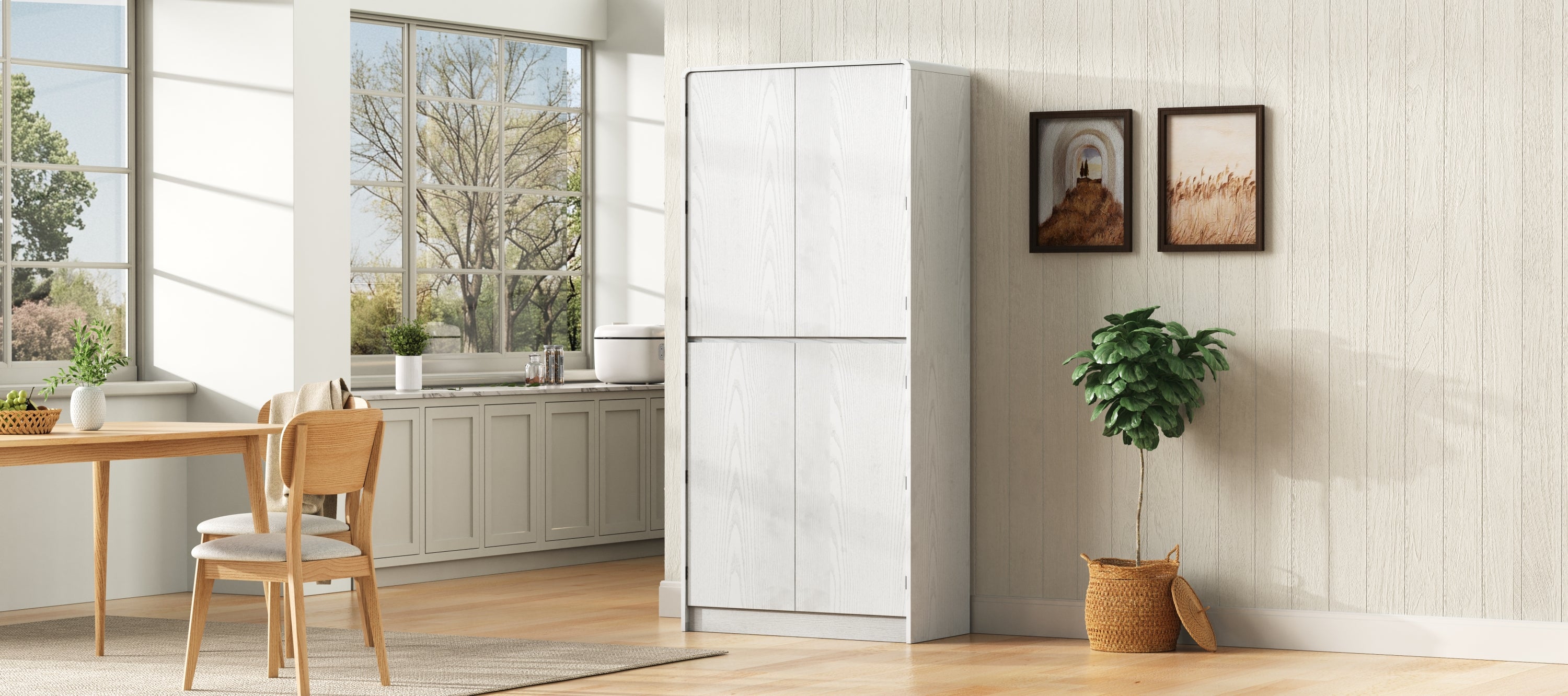 K&K 72' Tall Farmhouse Kitchen Pantry Cabinet with 8 Door Shelves, Curved Design Storage Cabinet with 3 Adjustable Shelves, Hidden Drawer, Versatile Cupboard for Kitchen, Dining & Bathroom, White - Grand Goldman Shop