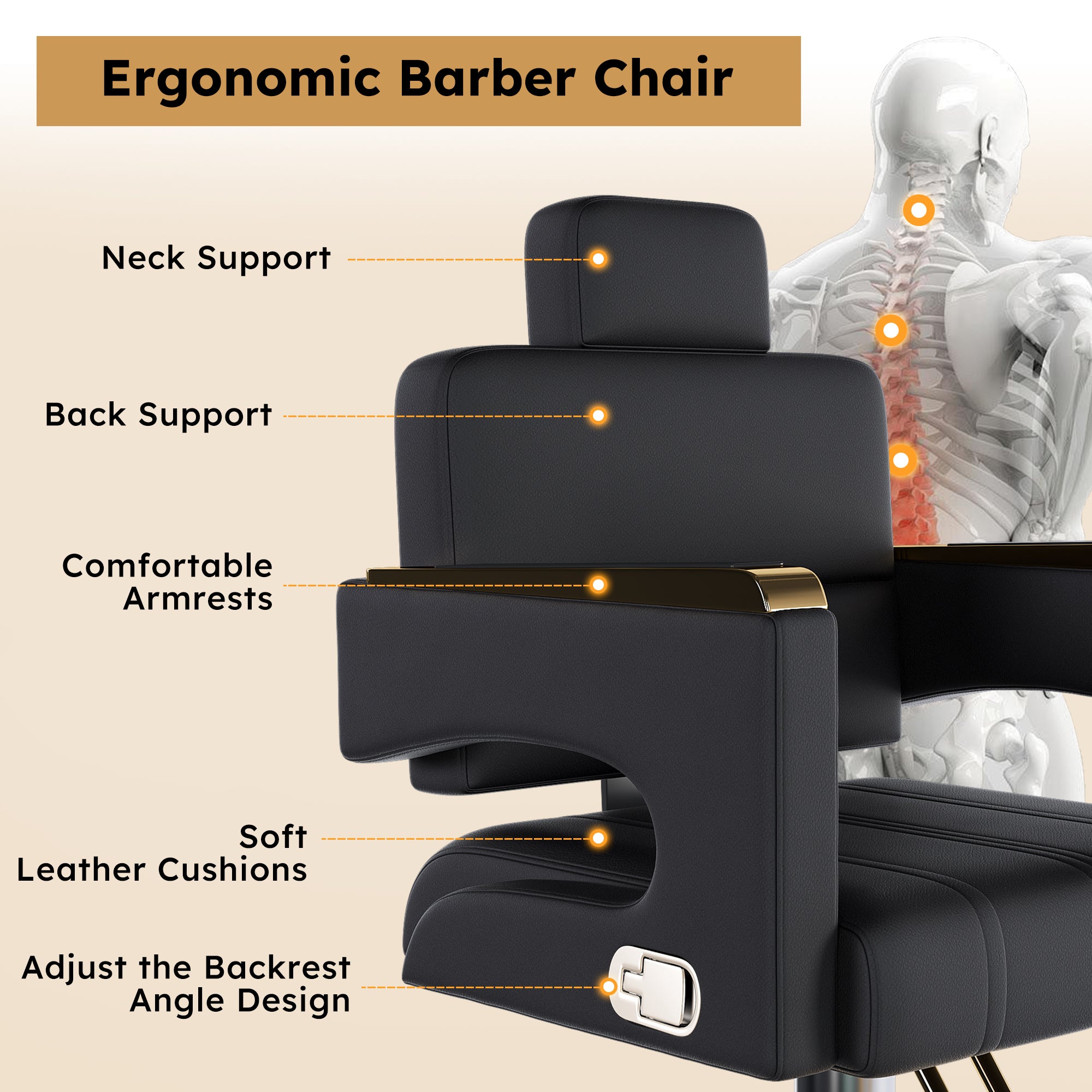 Professional Hydraulic Barber Chair with 360° Swivel, Adjustable Height, Stainless Steel Armrests & Reclining Backrest in Black & Gold - Grand Goldman Shop