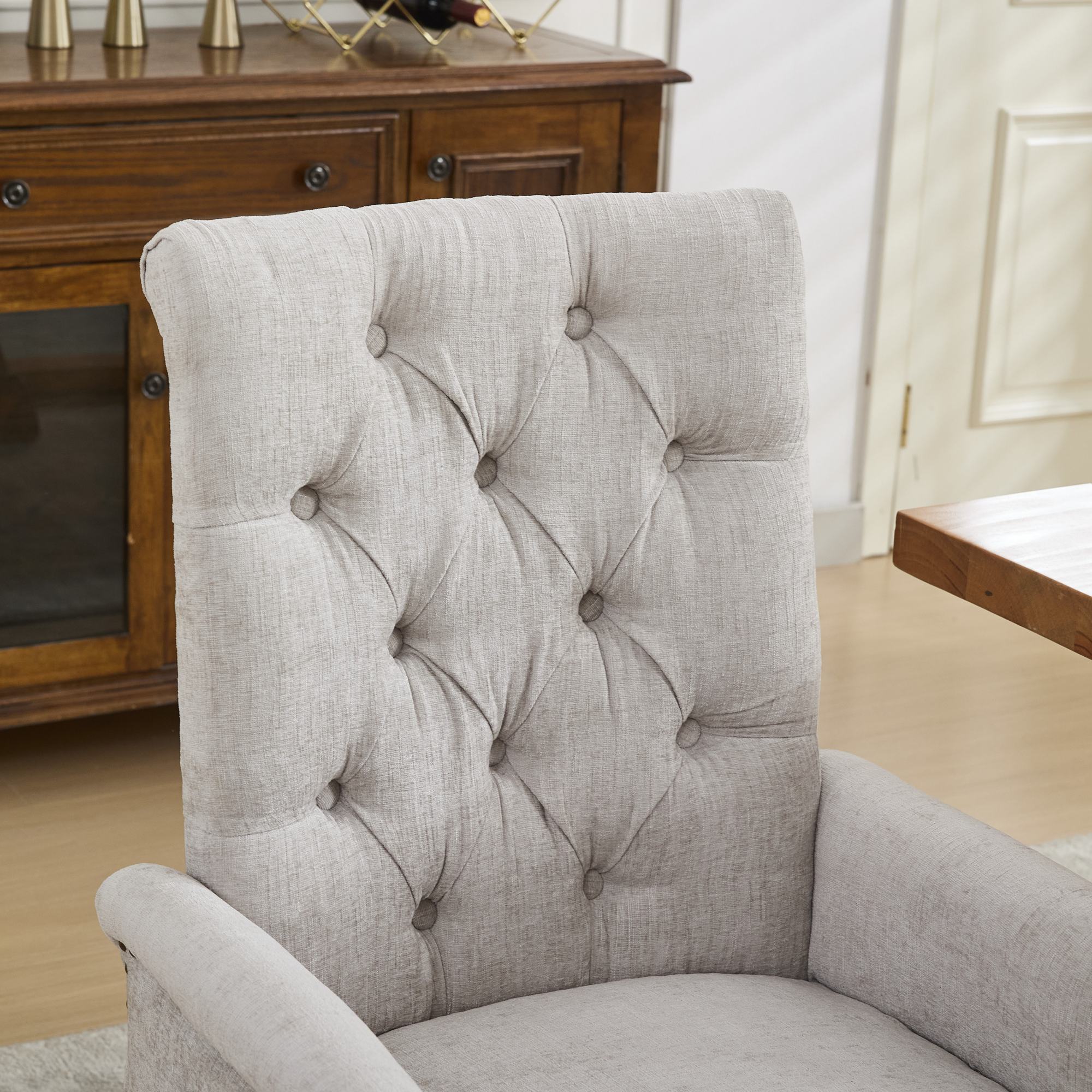Upholstered Chenille Fabric Accent Dining Chair, Curved Solid Wood Legs, Elegant Tufted Club Dining Room Kitchen Room Arm Dining Chair, Single Pack,Beige,SW1895BG - Grand Goldman Shop