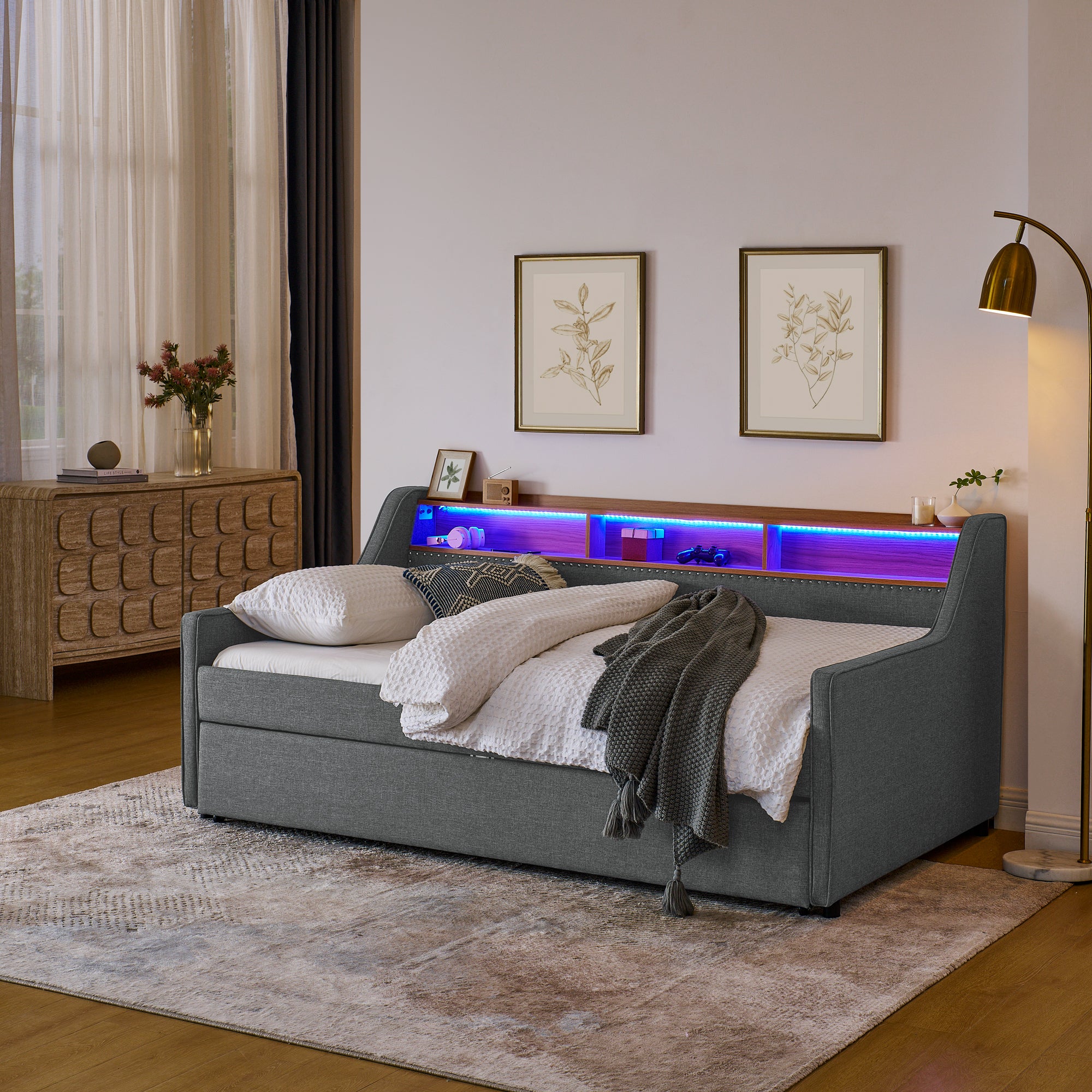 Grey Linen Upholstered Twin Sofa Bed with LED Lights, Storage Headboard, Foldable Trundle & Wireless Charging - Grand Goldman Shop