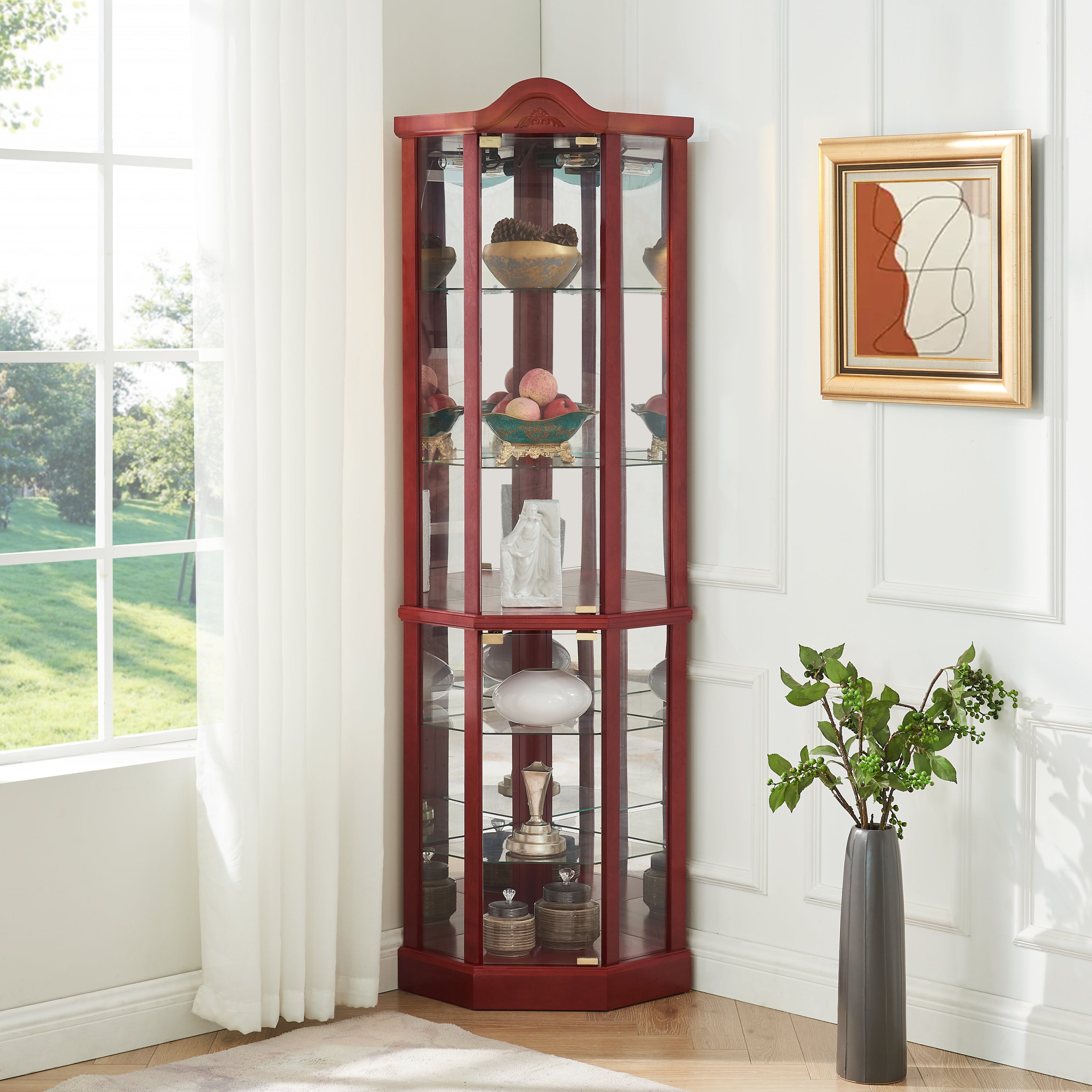 Glass Cabinet Lighted Corner Cabinet Corner Display Curio Cabinet, Glass Display With Light(Included)Bar Cabinet,Wine Cabinet with Adjustable Glass Shelves Carved Decoration Cherry Light(Included) - Grand Goldman Shop