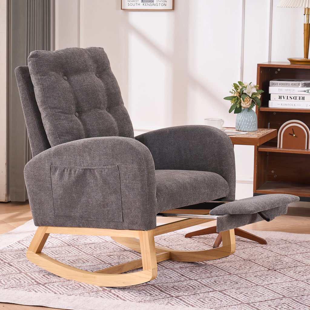 LY-5104 Gray Accent Rocking Chair with Footrest High Back Rubber Wood Rocking Legs - Grand Goldman Shop