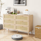 Rattan 6 Drawers Chest Of Dressers For Bedroom,  Modern 6 Drawer Dresser,  Wide Chest Of Drawers With Wood Handles,  Rattan Dresser Storage Cabinet For Living Room,  Bedroom,  Hallway - Grand Goldman Shop