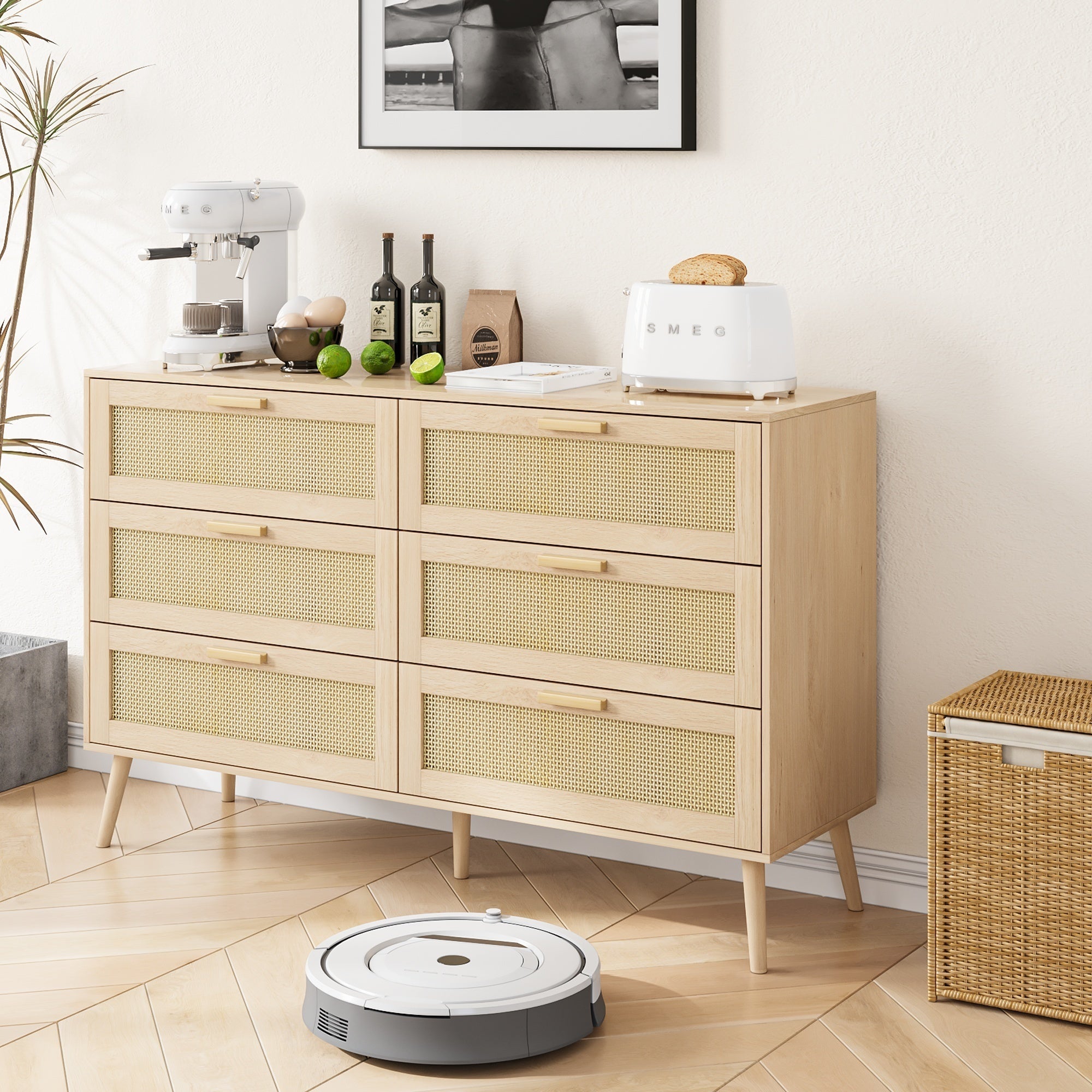 Rattan 6 Drawers Chest Of Dressers For Bedroom,  Modern 6 Drawer Dresser,  Wide Chest Of Drawers With Wood Handles,  Rattan Dresser Storage Cabinet For Living Room,  Bedroom,  Hallway - Grand Goldman Shop