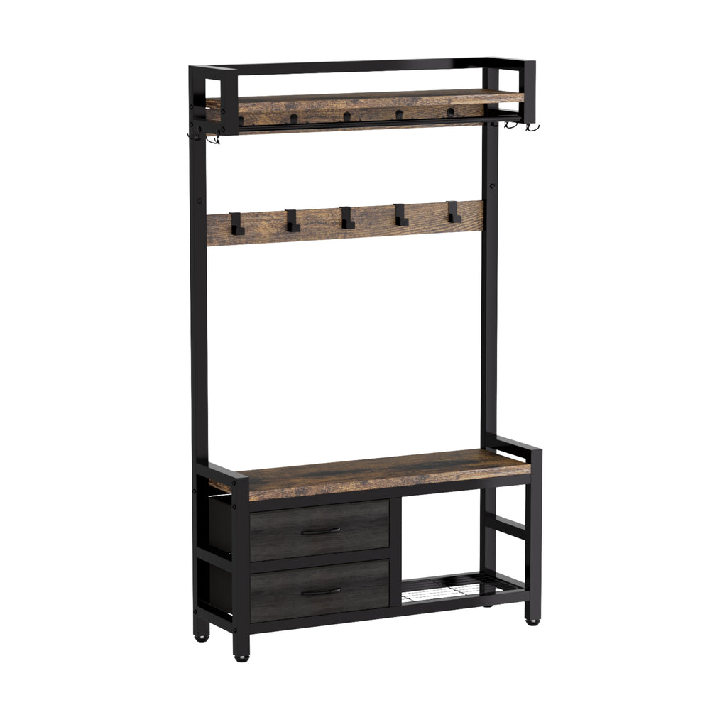 Rustic Brown 33.1' Wide Hall Tree with 2 Movable Drawers, Shoe Storage, Shelves, Garment Racks, and 23 Hooks for Entryway or Corner - Grand Goldman Shop