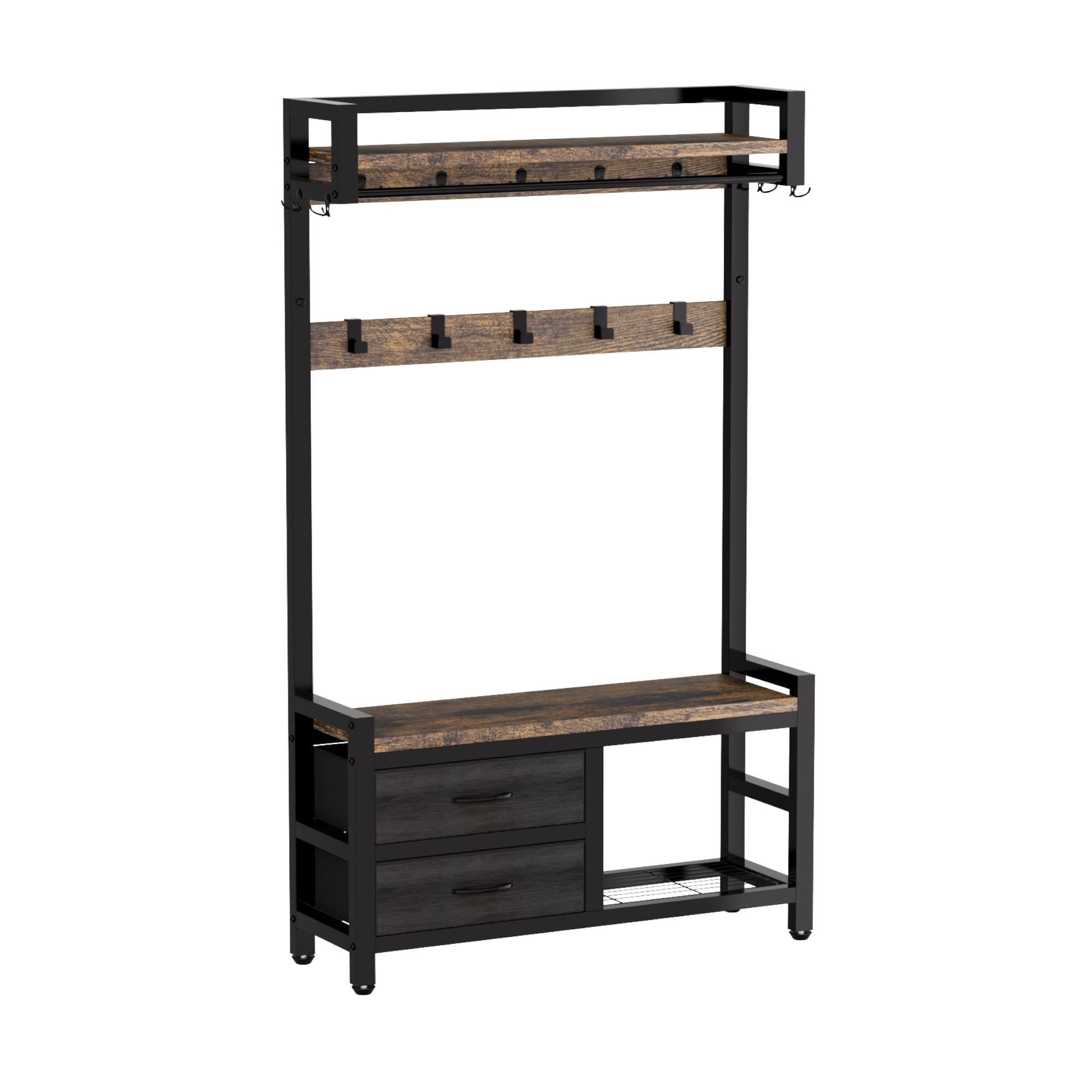Rustic Brown 33.1' Wide Hall Tree with 2 Movable Drawers, Shoe Storage, Shelves, Garment Racks, and 23 Hooks for Entryway or Corner - Grand Goldman Shop