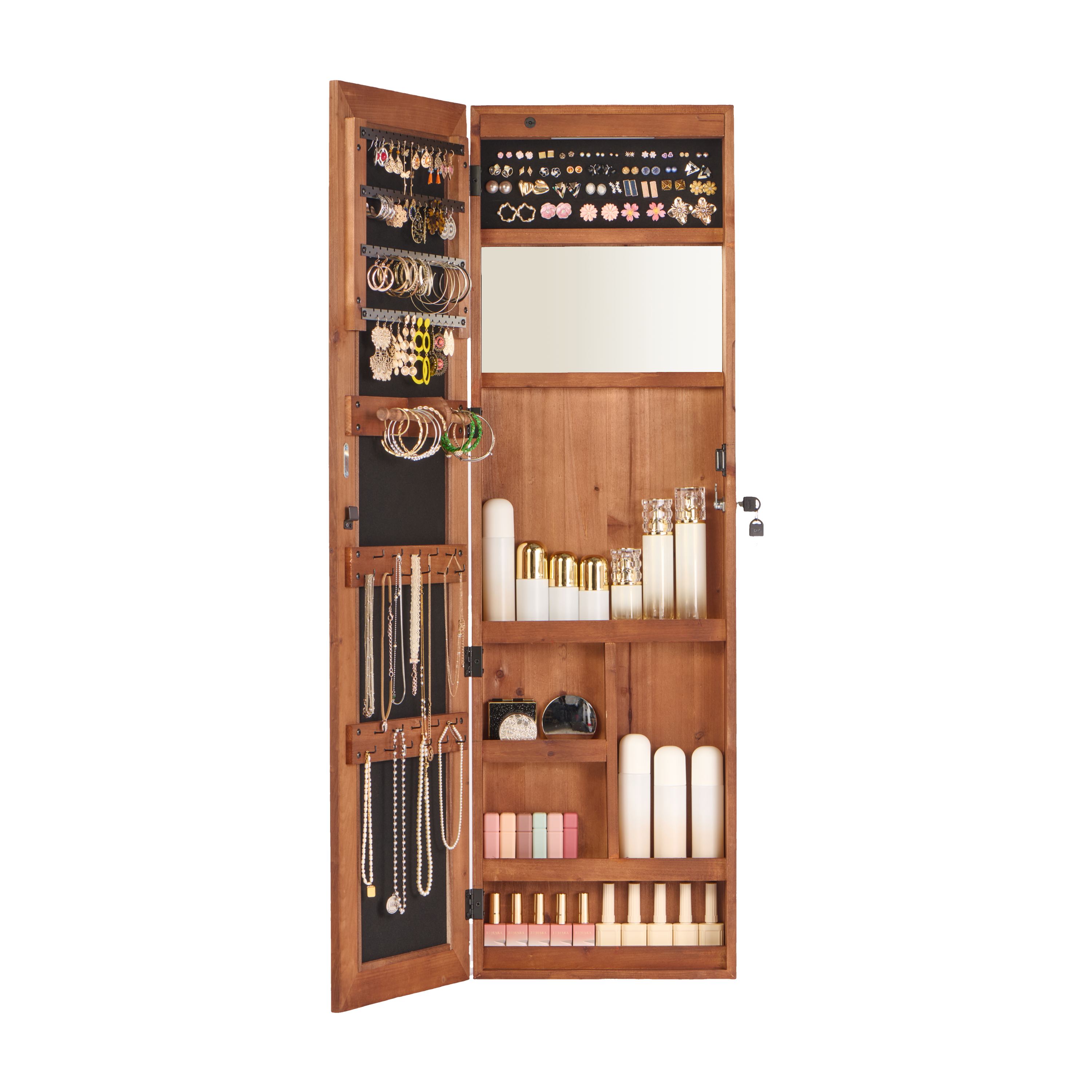 Solid Wood Jewelry Armoire Organizer Cabinet with Full-Length Mirror, Brown, Wall-Mounted Lockable with LED Light, 47.5x14.3 in - Grand Goldman Shop