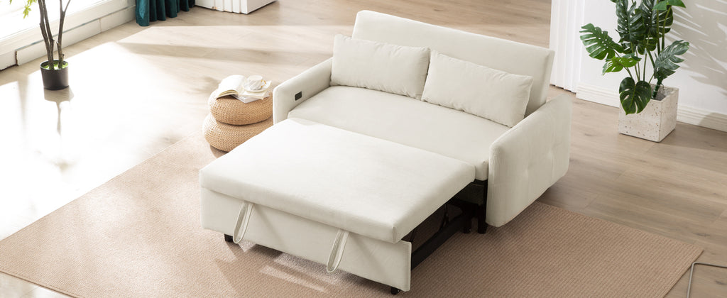 Modern Convertible Pull-out Sofa Bed with USB Ports and Pillows, Beige Corduroy, 57.48 inches - Grand Goldman Shop