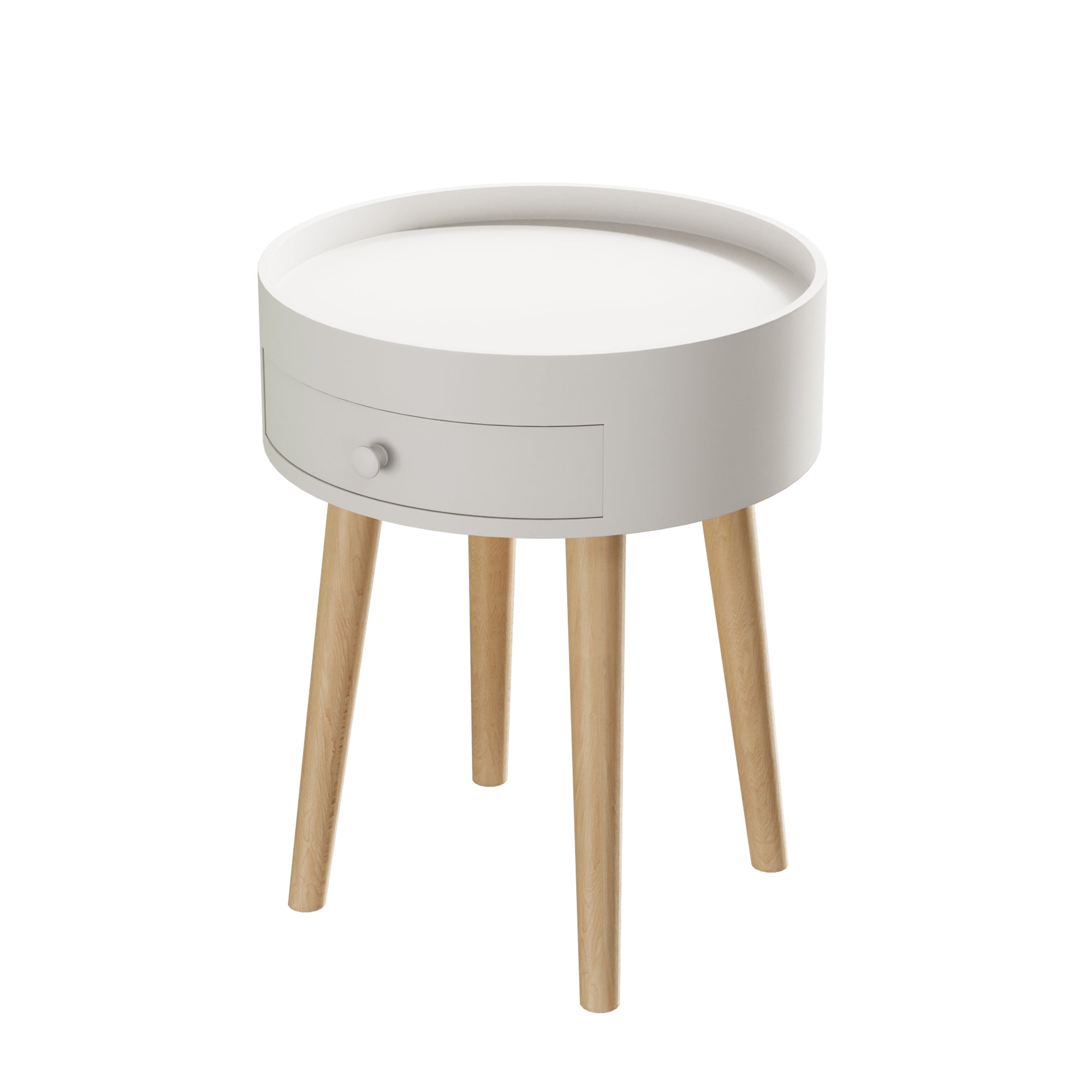 Modern White Nightstand with Storage Drawer & Oak Legs, 18' Bedside Table for Bedroom or Living Room, MDF Construction - Grand Goldman Shop