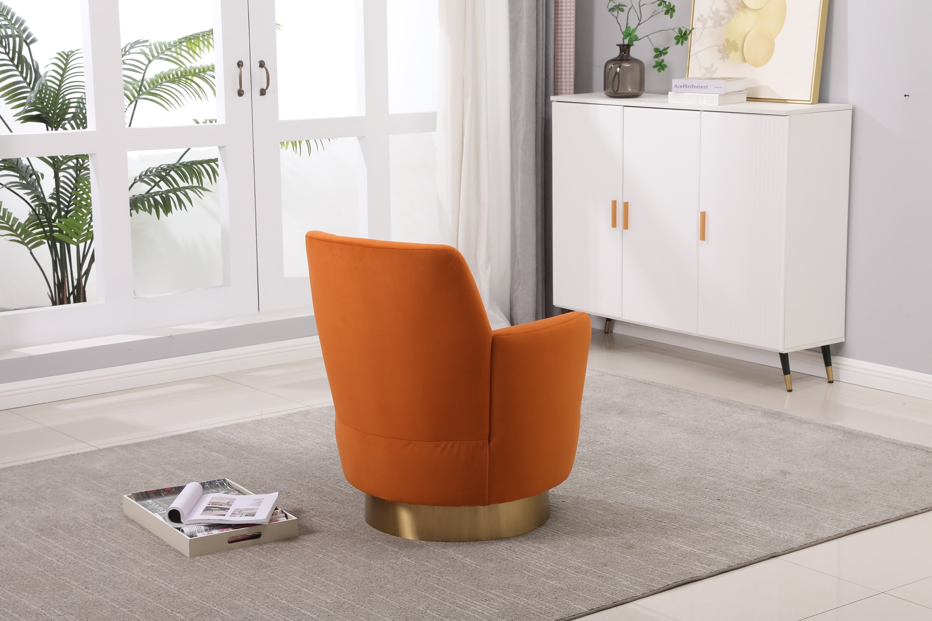 Velvet Swivel Barrel Chair, Swivel Accent Chairs Armchair for Living Room, Reading Chairs for Bedroom Comfy, Round Barrel Chairs with Gold Stainless Steel Base (Orange) - Grand Goldman Shop